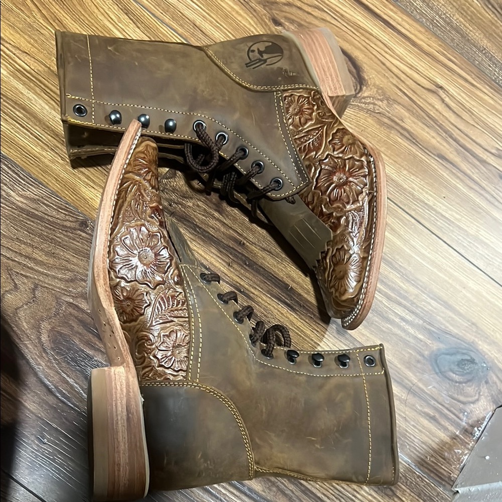 Brown Cowboy lace up Western Boots with Floral Embossing made in Mexico